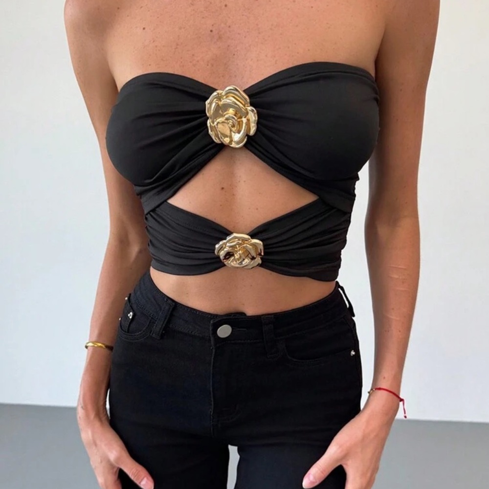 Elegant Black Strapless Top with Gold Accents